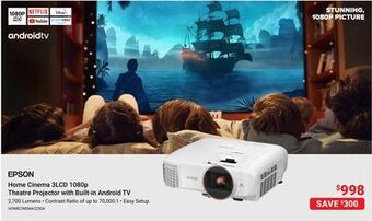 Visions Electronics Epson home cinema 3lcd 1080p theatre projector with built-in android tv offer