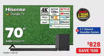Visions Electronics Hisense 70" a68h smart tv + 2.1-channel soundbar system offer