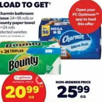 Real Canadian Superstore Charmin Bathroom Tissue 24-96 Rolls or Bounty Paper Towels offer