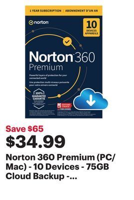 Best Buy Norton 360 premium (pc/mac) - 10 devices - 75gb cloud backup - 1-year subscription - digital download offer