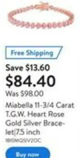 Walmart Miabella 11-3/4 Carat T.G.W Heart Rose Gold Silver Bracelet 7.5 inch offer