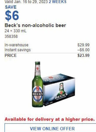 Costco Beck's non-Alcoholic Beer 24 x 330 ml offer