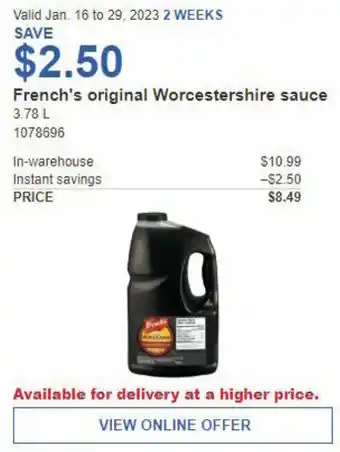 Costco French's Original Worcestershire Sauce 3.78L offer