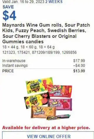 Costco Maynards Wine Gum Rolls, Sour Patch Kids, Fuzzy Peach, Swedish Berries, Gummies Candies offer