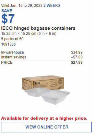 Costco iECO Hinged Bagasse Containers offer