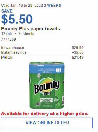 Costco Bounty Plus Paper Towels offer