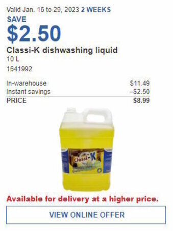 Costco Classi-K Dishwashing Liquid 10L offer