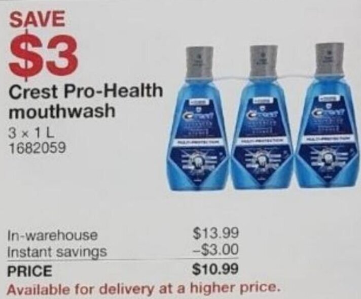 Crest ProHealth Mouthwash 3 x 1L offer at Costco