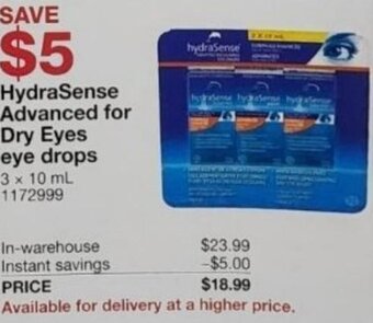Costco HydraSense Advanced for Dry Eyes eye Drops 3 x 10 ml offer