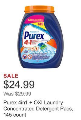 Costco Purex 4in1 + oxi laundry concentrated detergent pacs, 145 count offer