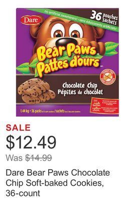 Costco Dare bear paws chocolate chip soft-baked cookies, 36-count offer