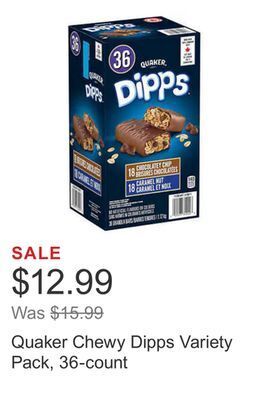 Costco Quaker chewy dipps variety pack, 36-count offer