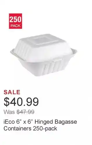 Costco Ieco 6” x 6” hinged bagasse containers 250-pack offer