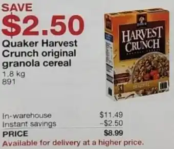 Costco Quaker Harvest Crunch Original Granola cereal 1.8 kg offer