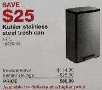 Costco Kohler Stainless Steel Trash Can offer