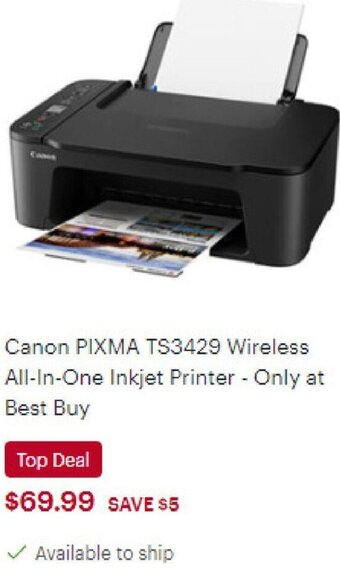 Best Buy Canon Pixma TS3429 Wireless All-in-One Inkjet Printer offer