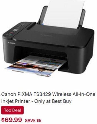 Best Buy Canon Pixma TS3429 Wireless All-In-One Inkjet Printer offer