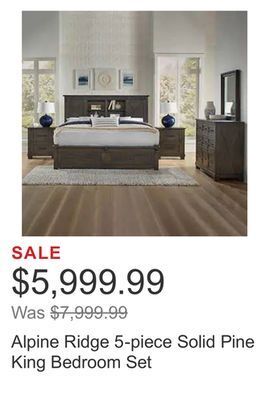 Costco Alpine ridge 5-piece solid pine king bedroom set offer
