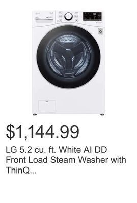 Costco Lg 5.2 cu. ft. white ai dd front load steam washer with thinq technology and wi-fi enabled offer