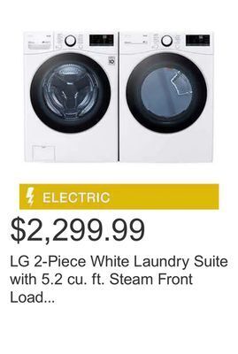 Costco Lg 2-piece white laundry suite with 5.2 cu. ft. steam front load washer with ai dd and 7.4 cu. ft. electric dryer with thinq offer