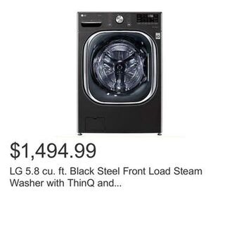 Costco Lg 5.8 cu. ft. black steel front load steam washer with thinq and turbowash™ 360 technology offer