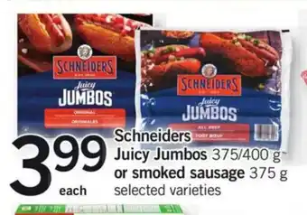 Fortinos Schneiders juicy jumbos or smoked sausage offer