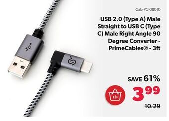 Shopper+ Usb 2.0 (type a) male straight to usb c (type c) male right angle 90 degree converter - primecables - 3ft offer