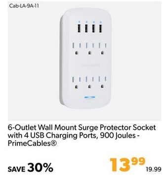 Shopper+ 6-outlet wall mount surge protector socket with 4 usb charging ports, 900 joules - primecables offer