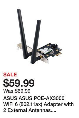 Newegg Asus pce-ax3000 wifi 6 (802.11ax) adapter with 2 external antennas. supporting 160mhz for total data rate up to 3000mbps, blu offer