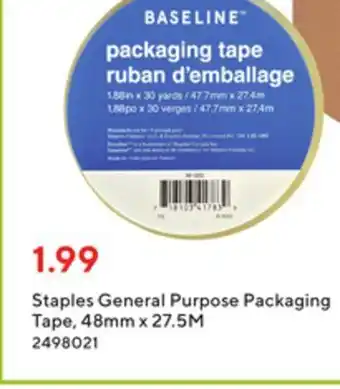 Staples Baseline™ staples general purpose packaging tape, 48mm x 27.5m offer