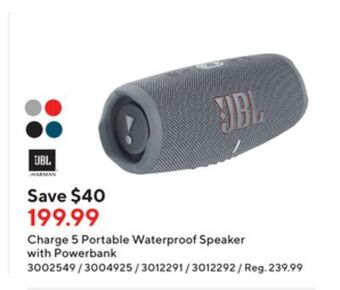 Staples Jbl charge 5 portable waterproof speaker with power bank offer
