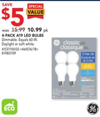 Lowe's Ge 4-pack a19 led bulbs offer