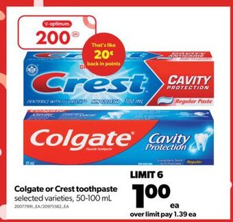 Real Canadian Superstore Colgate or crest toothpaste, 50-100 ml offer