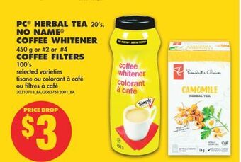 No Frills Pc® herbal tea, 20's, no name® coffee whitener, 450 g or #2 or #4 coffee filters, 100's offer