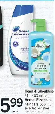 Fortinos Head & shoulders, 314-400 ml or herbal essences hair care, 600 ml offer