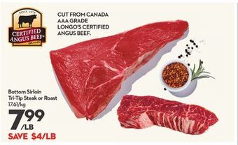 Longo's Bottom sirloin tri-tip steak or roast offer