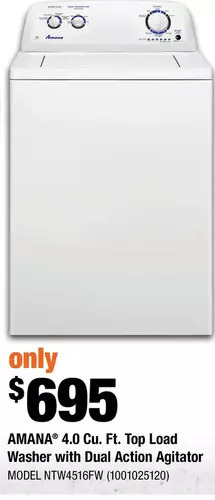 Home Depot Amana 4.0 cu. ft. top load washer with dual action agitator offer