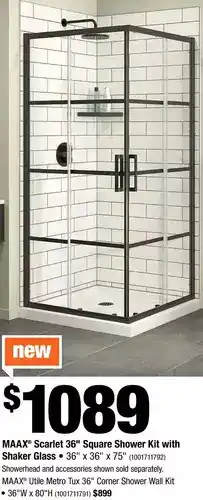 Home Depot Maax scarlet 36" square shower kit with shaker glass | maax utile metro tux 36" corner shower wall kit offer