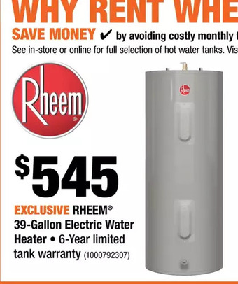 Home Depot Rheem 39-gallon electric water heater offer