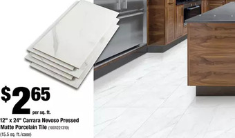 Home Depot 12" x 24" carrara nevoso pressed matte porcelain tile offer