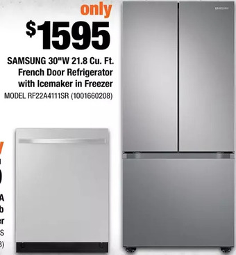 Home Depot Samsung 30"w 21.8 cu. ft. french door refrigerator with icemaker in freezer offer