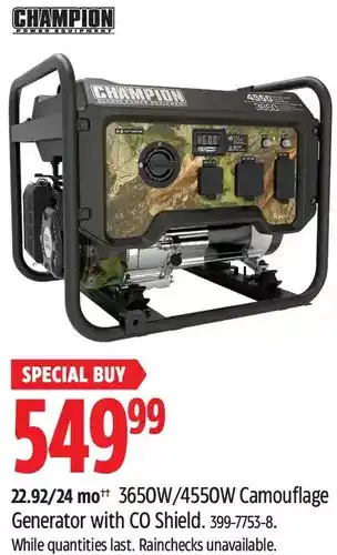 Canadian Tire Champion 3650/4550w camouflage generator with co shield offer