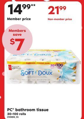Loblaws Pc® bathroom tissue, 30=100 rolls offer