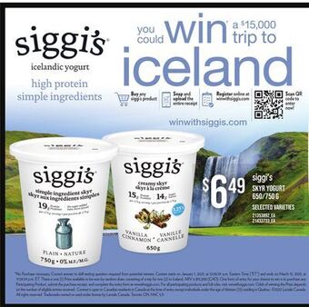 Loblaws Siggi's skyr yogurt, 650/750 g offer