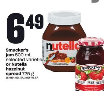 Loblaws Smucker's jam, 500 ml or nutella hazelnut spread, 725 g offer
