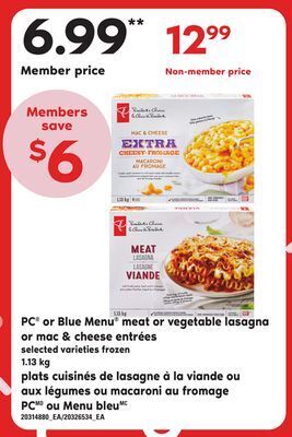 Independent Grocer Pc® or blue menu® meat or vegetable lasagna or mac & cheese entrées, 1.13 kg offer