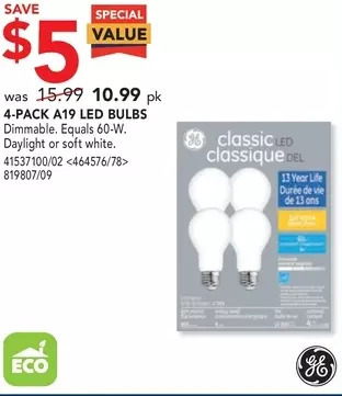 RONA 4-pack a19 led bulbs offer
