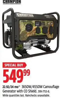 Canadian Tire Champion 3650w/4550w camouflage generator with co shield offer