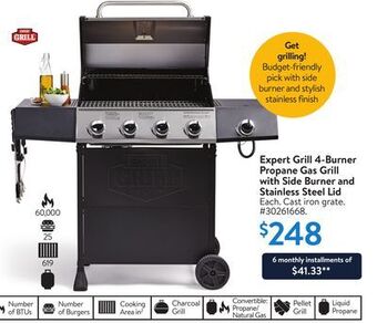 Walmart Expert grill 4-burner propane gas grill with side burner and stainless steel lid offer
