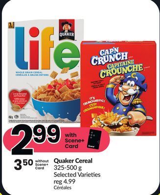 FreshCo Quaker cereal 325-500 g selected varieties offer